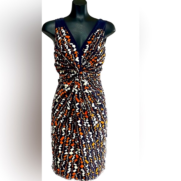 Whistles Silk Summer Dress Navy Blue Orange Sleeveless Size 8 100% Silk - Picture 2 of 7